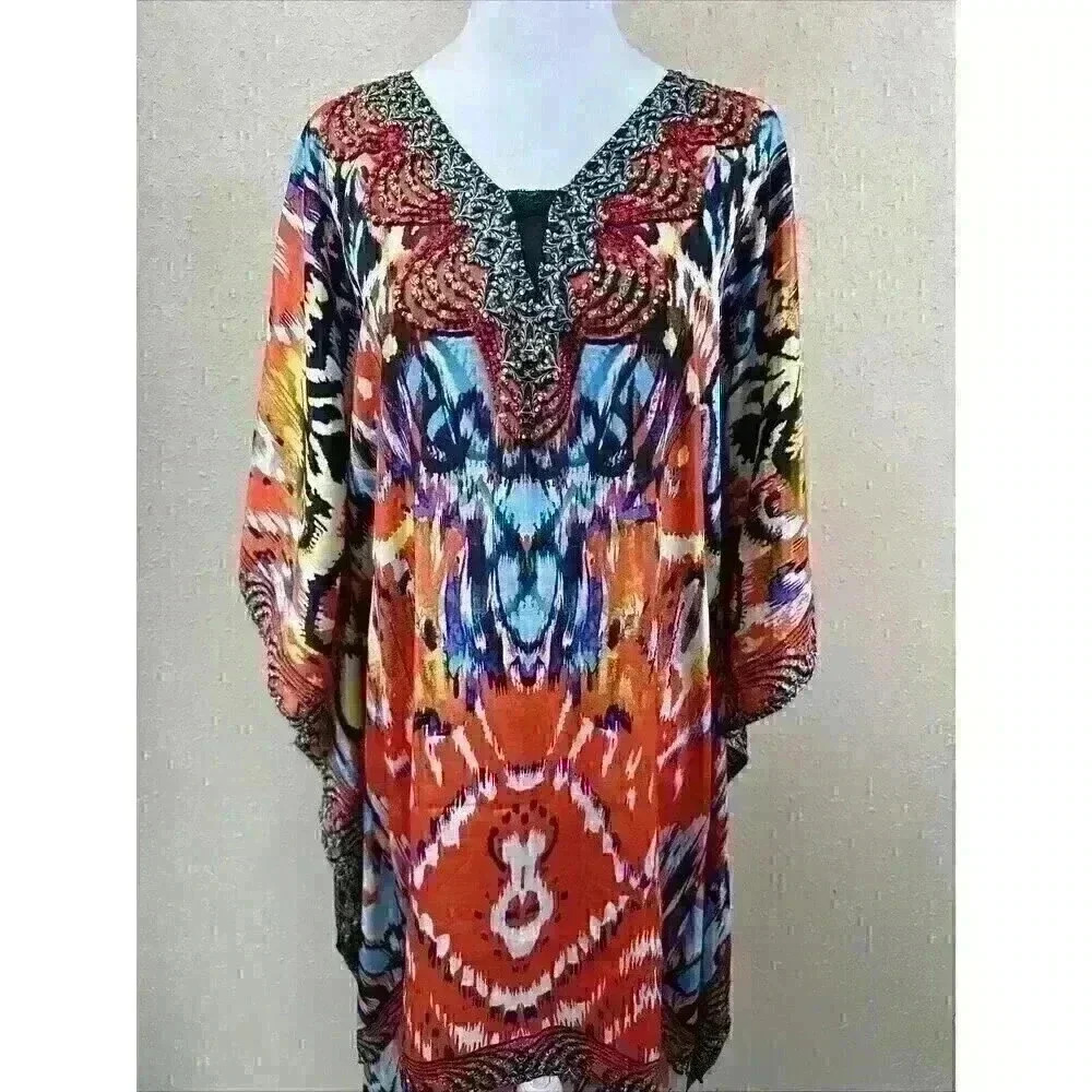 NEW Sakkas Women's HI LOW V Neck Beach Dress Top Caftan Cover up Rhinestones OS - Picture 3 of 10